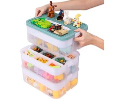 Speelgoed Opslag Organisator - Bouwstenen Container - 3-laags - Gecompartimenteerd - Puzzelsorteerder - Lego Opslag - Stapelbaar - Speelgoed Sorteerdoos - Opbergbakken - Geschikt voor Stenen - Olijfgroen - Kinderspeelgoed Organizer met Deksel