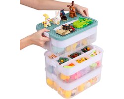 Speelgoed Opslag Organisator voor Lego, 3-Laags Stapelbaar Bouwstenen Container Gecompartimenteerd Stenen Puzzelsorteerder Speelgoed Sorteerdoos Opbergbakken (Olijfgroen)