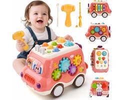 Speelgoed voor 1 Jaar, Montessori Muzikale Speelgoedbus met Xylofoon en Hamerspel, Educatief Baby Speelgoed voor Jongens en Meisjes 1-2 Jaar, Cadeau (roze)