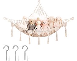 Speelgoedhangmat - Opbergnet Knuffels - netto zak - Opbergzak Hangen - Opbergen van speelgoed, Hangmatten & accessoires - Katoenen touwweven - Ideaal voor kinderen, baby's, kinderkamers en als decoratie - 105×105×142cm - wit
