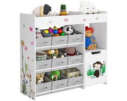 Speelgoedkast met 9 opbergruimtes - Speelgoedorganizer met deuren en stoffen lades - 90×80 cm - Wit - Kast - Opbergkast