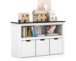 Speelgoedkast voor kinderen, kinderrek, commode met 3 laden en wieltjes, speelgoedorganizer voor kinderkamer en woonkamer, opbergkast van hout (wit + zwart, 102 x 33 x 62 cm)