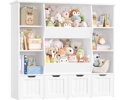 Speelgoedkast – Voor Kinderkamer en Speelkamer – Boekenkast & Opberger met 8 Open Vakken en 4 Laden op Wieltjes – Wit MDF