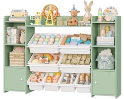 Speelgoedopbergkast – Kinderspeelkamer - Kinderboekenkast - Voor woonkamer, speelkamer en slaapkamer – Met 8 verwijderbare dozen en opbergplanken – 138,8×29,6×94,3 cm - Groen