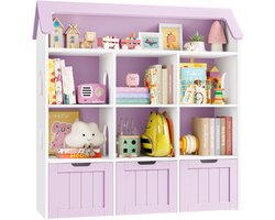 Speelgoedopbergkast – Voor Kinderkamer en Speelkamer – Huisvormige Boekenkast met 7 Open Vakken en 3 Laden – Hout/Wit, 120x33x117,5cm