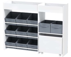 Speelgoedopbergrek voor kinderen, 11 stoffen opbergdozen, bovenste compartiment en kantelbeveiliging, modern en eenvoudig ontwerp, gemakkelijk te reinigen, stevig en duurzaam houten frame, geschikt voor boeken en speelgoed, 105x30x80 cm, Wit.