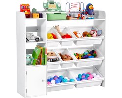 Speelgoedopbergruimte en boekenrek, 4-delig rek met 8 flexibele kunststof bakken, veelzijdige kast voor slaapkamer, klaslokaal en kinderkamer, wit