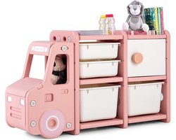 Speelgoedplank, 2-laags kinderplank met kast en opbergdozen, boekenkast voor kinderen, kinderkamerplank voor speelgoedopslag, 110 x 32 x 66 cm (auto, roze)