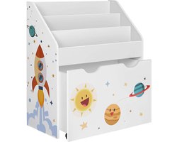 Speelgoedplank, Boekenplank Voor Kinderen, Kinderkamerplank Met 3 Vakken En Uittrekbare Speelgoeddoos Met Wielen, Speelgoed Organizer, Kinderkamer, Voor Boeken, Speelgoed, Wit