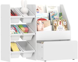 Speelgoedrek, kinderkamerrek met 6 bakken, boekenrek, verrijdbare kist, 100 x 30 x 80 cm, MDF, staal, wit