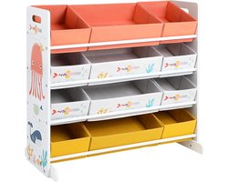 Speelgoedrek met 12 Stoffen Opbergbakken – Organizer voor Boeken en Speelgoed – Wit
