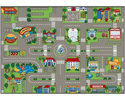 Speelkleed city - vloerkleed met Wegen & Stad - Antislip - Speelmat / speeltapijt voor Kinderen - 133 x 190 cm - Wasbaar