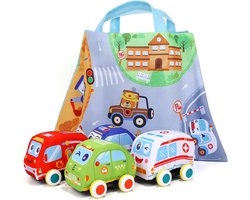 Speelmat Auto's Met Opbergtas - 4 Houten Voertuigen - Speelkleed Auto - Educatief Speelgoed - Cadeau Jongens En Meisjes Vanaf 1 Jaar