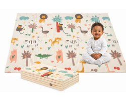 Speelmat Baby, Peuter & Kind 150x200 cm – Extra Dik Speelkleed – Voor Binnen & Buiten – Foam Kruipmat – Dubbelzijdig Opvouwbaar – Inclusief Opbergtas – Zacht & Veilig - Opvouwbare speelmat Safari & Dierenmix - baby cadeau - kraamcadeau