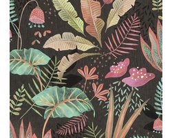 SPEELSE BLADEREN BEHANG | Botanisch - Meerkleurig Zwart Groen Roze Oranje - LivingWalls Famous Garden
