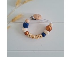 Speenkoord met naam - speenketting - jongen - donkerblauw - koper - beige - kraamcadeau - musthave - model BOAZ