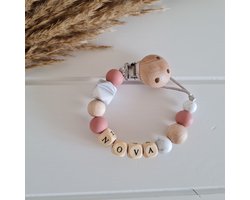 Speenkoord met naam - speenketting - meisje - hout - terra roze - marmer - kraamcadeau - musthave - model NOVA