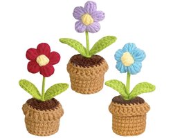 SPHProducts - Handgemaakte kantbloemen - Schattige decoratie - Wollen garen - Gehaakte bloemen in pot - Perfect voor thuis en kantoor - Mini bloemen
