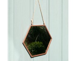Spiegel Crisp Copper met een zeshoekige koperen frame en een ophangband.