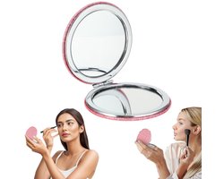 Spiegel, make-upspiegel, handvouwspiegel, ronde dubbelzijdige spiegel, glinsterende leren spiegel, geschikt voor meisjes en vrouwen om te gebruiken bij het uitgaan, op kantoor of thuis (7,2*7,2 cm, roze)