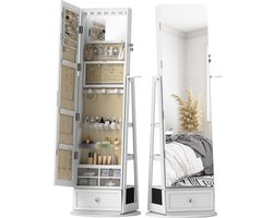 Spiegel met ledverlichting, badkamerkast met 360° draaibare spiegel, lade, slot, wit