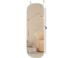 Spiegel met opbergruimte LED-spiegel Sieradenkast Wand-/deurmontage Afsluitbaar Ronde brede spiegelkast met binnenspiegel 10 x 42 x 108 cm Wit oppervlak met Greige voering