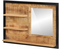 Spiegel met Planken - Badkamerspiegel Wandspiegel - Opbergen Badkamer - Massief Mango Hout - 80x8x55 cm - Natuurlijk
