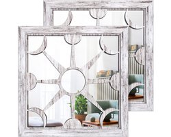 Spiegel muurdecoratie, 2 stuks, boerderij binnen/buiten wandspiegels 30,5 x 30,5 cm voor woonkamer, hal, entree, tuinspiegels buiten voor muren (shabby witgekalkt hout)