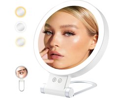 Spiegel - Spiegel met verlichting - Make up spiegel - 10x vergrotende spiegel - Dubbelzijdige verlichte make-upspiegel - Verstelbare helderheid - Oplaadbare, opvouwbare LED-bureauspiegel - Geschikt voor slaapkamer, badkamer en reizen - Wit