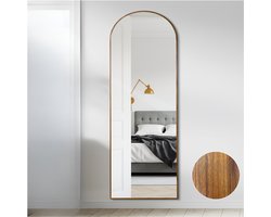 Spiegel-Spiegel staand- Walnoot Hout- Aluminium Frame-Vrijstaand of Wandmontage Worden-(161x52)cm-(Gouden Phoebe).