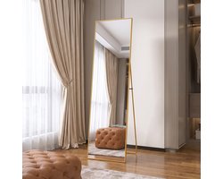 Spiegel van Volledige Lengte 140x40cm, Vrijstaande Spiegel met Eenvoudig Frame, Grote HD-Wandspiegel met Haak, Heldere HD-Glazen Reflectie, Onbreekbaar en Lichtgewicht (Goud, 140x40cm)