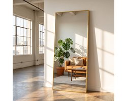 Spiegel van Volledige Lengte 150x40cm, Vrijstaande Spiegel met Eenvoudig Frame, Grote HD-Wandspiegel met Haak, Heldere HD-Glazen Reflectie, Onbreekbaar en Lichtgewicht (Goud, 150x40cm)