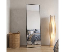 Spiegel van Volledige Lengte 162x53cm, Vrijstaande Spiegel met Eenvoudig Frame, Grote HD-Wandspiegel met Haak, Heldere HD-Glazen Reflectie, Onbreekbaar en Lichtgewicht (Zwart, 162x53cm)