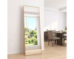 Spiegel van Volledige Lengte 162x53cm, Vrijstaande Spiegel met Eenvoudig Frame, Grote HD-Wandspiegel met Haak, Heldere HD-Glazen Reflectie, Onbreekbaar en Lichtgewicht (Goud, 162x53cm)