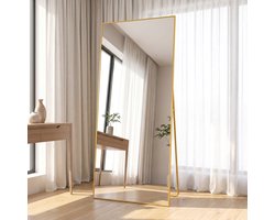 Spiegel van Volledige Lengte 180x80 cm, Vrijstaande Spiegel met Eenvoudig Frame, Grote HD-Wandspiegel met Haak, Heldere HD-Glazen Reflectie, Onbreekbaar en Lichtgewicht (Goud, 180x80cm)