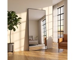 Spiegel Volledige Lengte 180x80 cm, Vrijstaande Spiegel met Eenvoudig Frame, Grote HD-Wandspiegel met Haak, Heldere HD-Glazen Reflectie, Onbreekbaar Lichtgewicht (Zwart, 180x80 cm)