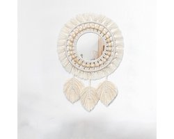 Spiegel - Wandspiegel - Wanddecoratie - Katoenen Draad - Deurspiegel - Boho Stijl - Rond - Diameter 16 cm - Beige