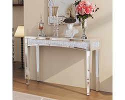 Spiegelende Sidetable – Console Tafel – Bijzettafel – Halmeubel – Make-uptafel – Glamoureuze Diamantkristal Afwerking – 120x35x80,5 cm – Glas en Hout