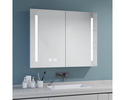 Spiegelkast badkamer met verlichting - 65 x 60 cm - roestvrij staal - breed badkamerspiegelkast met licht - 2 draaideuren - led-spiegelkast - touch-dimmer - 3000 K/4000 K/6500 K dimbaar