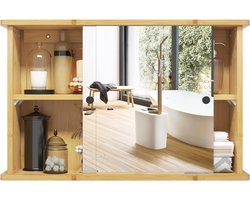 Spiegelkast Badkamer - Wandkast Hangkast - Hygiënisch Opbergen - Verstelbare Plank Bamboe - 55x35.5x14 cm - Bamboe Kleur