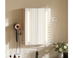 Spiegelkast - Badkamerkast - Badkamermeubel - Met Spiegel - Met LED Verlichting - Met Stopcontact en USB C Ingang - Anti Condens - 3 Lichtstanden - Touchscreen - Dimbaar - Verstelbare Planken - Met Fohn Houder - 60x80 cm