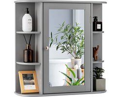 Spiegelkast, badkamerkast met spiegel, aan de muur bevestigd opbergkast, houten hangend kast met verstelbare planken & open compartimenten, multifunctioneel medicijnkastje voor badkamer, woonkamer, keuken, 66 x 63 x 16,5 cm (Grijs)