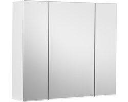 Spiegelkast, badkamerkast, opbergkast met 3 deuren, voor badkamer, 60 x 15 x 55 cm, met verstelbare planken, modern, wit BBK22WT
