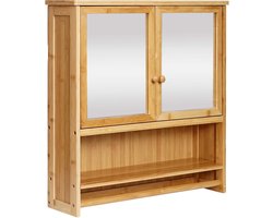 Spiegelkast MCW-B18, badkamer spiegelkast wandkast, 3 planken 2 deuren spiegel bamboe 62x66x15cm