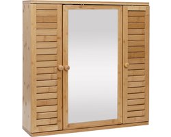 Spiegelkast MCW-B18, badkamer spiegelkast wandkast, 3 planken 3 deuren bamboe spiegel 60x60x15cm