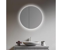 Spiegelkast met verlichting rond en Ø 60 cm - aluminium frame - twee glazen legplanken