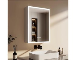 Spiegelkast Voor Badkamer Met Verlichting - 50 X 70 X 14,5 Cm - Anti-Condenst - 3 Lichtkleuren - Dimbaar - Stopcontact - Glazen Plank - Geheugenfunctie - Witte Dubbele Spiegel Spiegelkast - Acryl