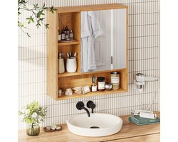 Spiegelkast voor badkamer, spiegelkast met deuren, badkamerkast met spiegel, hangkast, badkamerspiegel, wandkast met 3 planken, bamboe, 55,4 x 16 x 61,2 cm. HMTM-502897