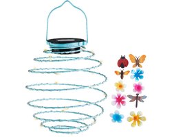 Spiraalvormige Solar Led Hanglamp - Solar Verlichting - Tuinverlichting - Solar Buitenlamp - Met bloemen en Insecten - H29cm D18cm - 20 Led - Blauw