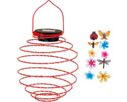 Spiraalvormige Solar Led Hanglamp - Solar Verlichting - Tuinverlichting - Solar Buitenlamp - Met bloemen en Insecten - H29cm D18cm - 20 Led - Rood